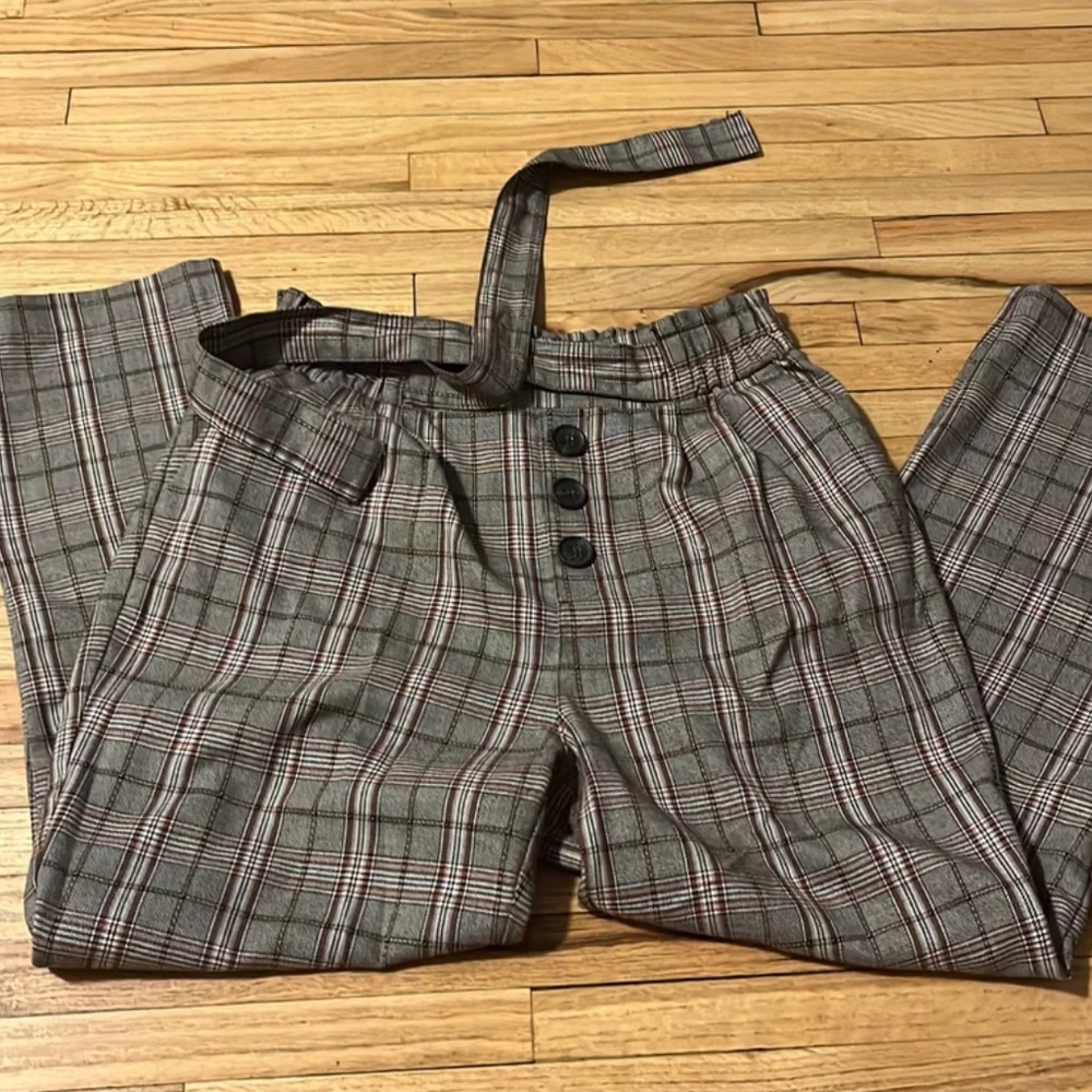 stradivarius Plaid Skinny Pants in Gray with Red Accent